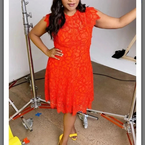 Lela Rose Women's Red Lace Floral Guipure Flutter Sleeve Sheath‎ Midi Dress 2 - Picture 4 of 11